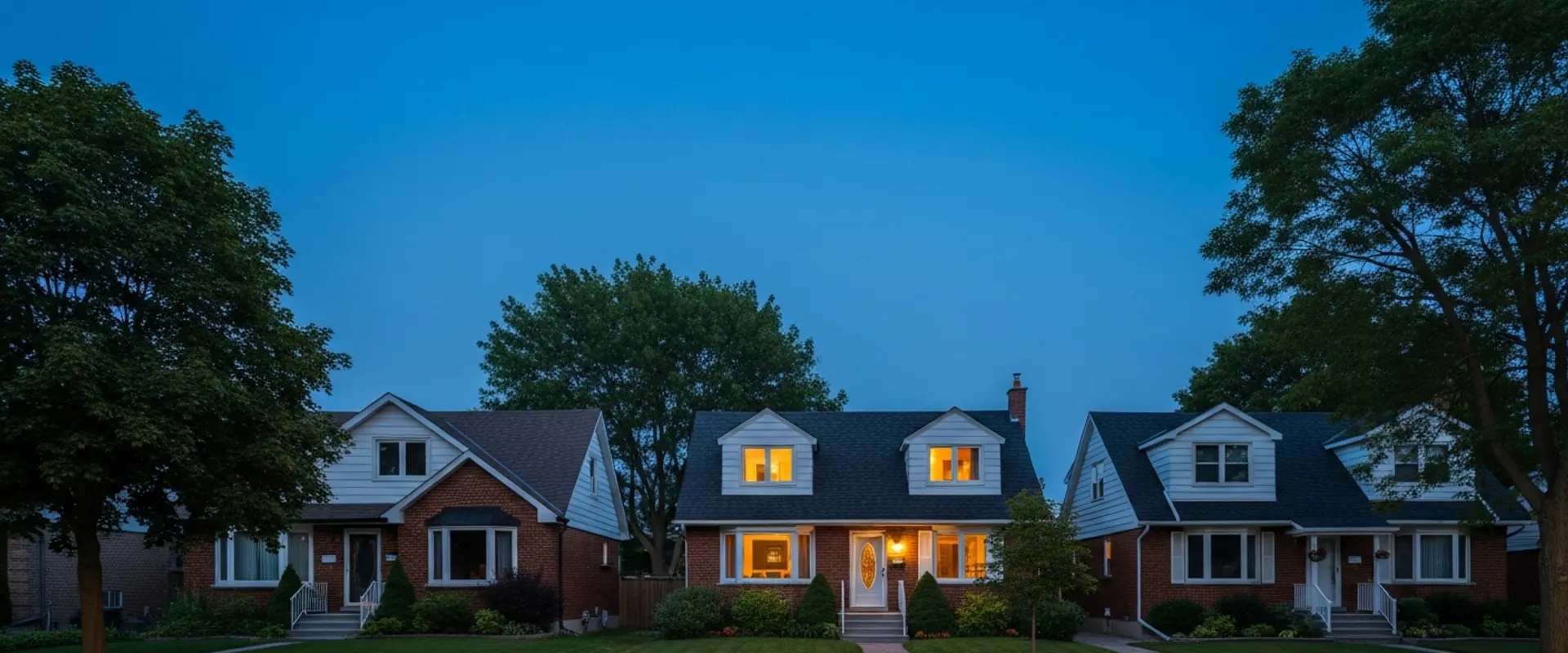 Burlington residential street of post-war bungalows and mature trees at dusk with warm window lights against a deep navy sky
