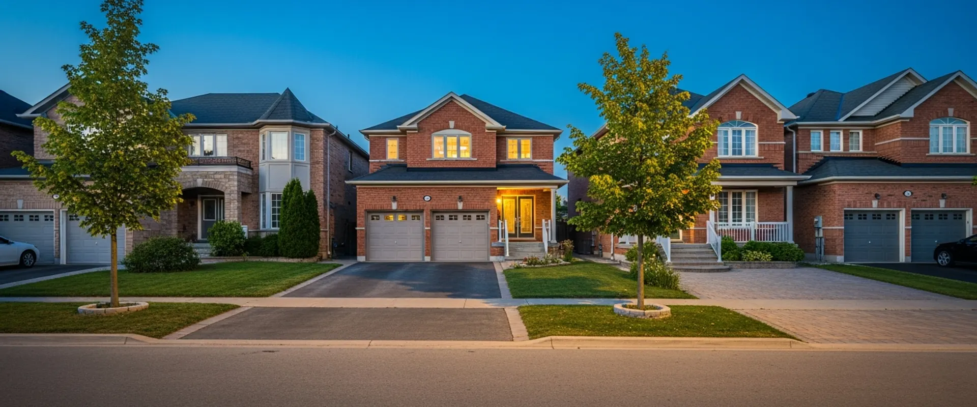 Mississauga suburban street of detached brick homes at dusk with warm window lights against a deep navy sky