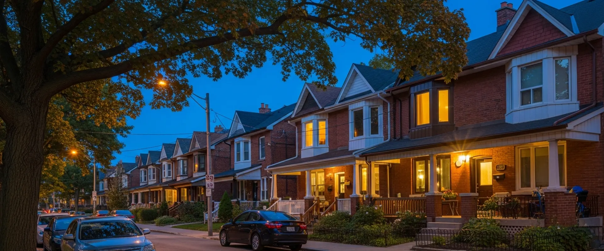 Toronto residential street of brick semis and detached homes at dusk with warm window lights against a deep navy sky