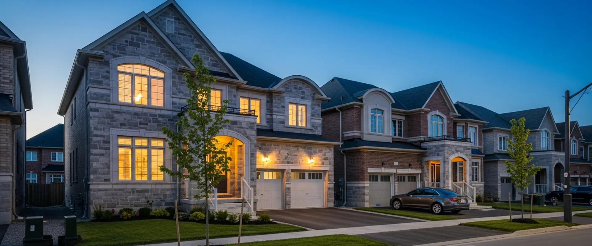 Vaughan suburban street of newer detached homes at dusk with warm window lights against a deep navy sky